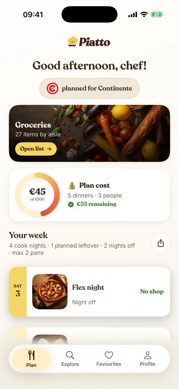 The Piatto plan screen: groceries sorted by aisle, the plan cost against the budget, and the week's dinners including a night off.